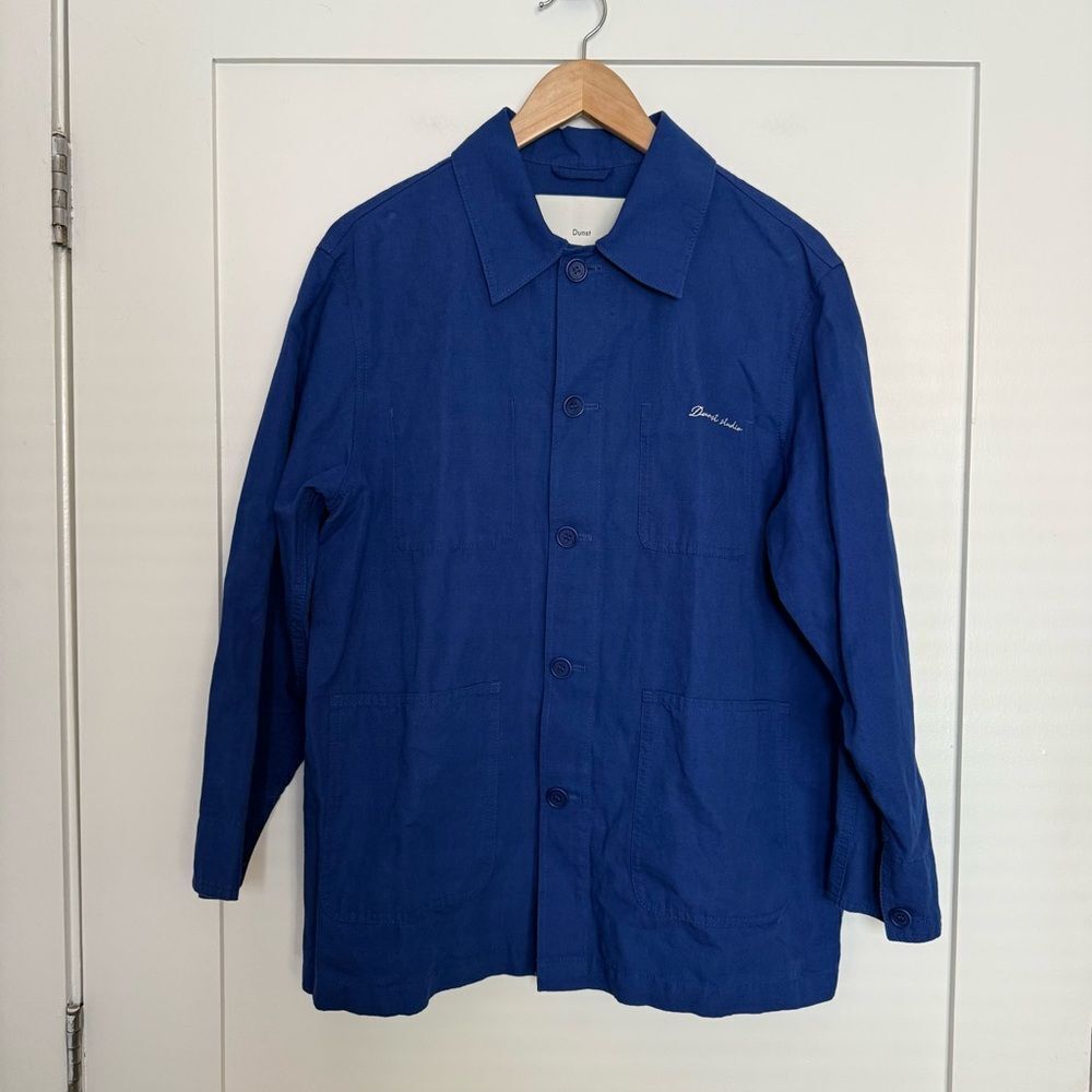Dunst Unisex Linen Half Jacket Blue Sz XS Oversized Embroidered Logo Utility